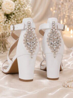 Chunky Wedding Heels 3” Rhinestone Bridal Shoes White Block Heel Open Toe Sandal